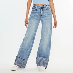 Kancan Petal High Rise Wide Leg Jean Cuff Stripe NWT